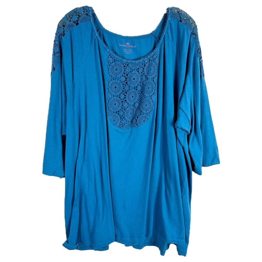 Woman Within Plus Size‎ 2X 26W 28W Top Blue Lace Cotton Knit Crochet 1201